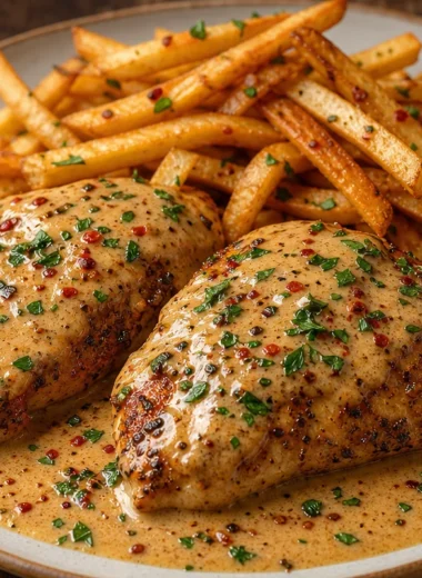 Delicious Cajun Chicken served with crispy fries on a plate.