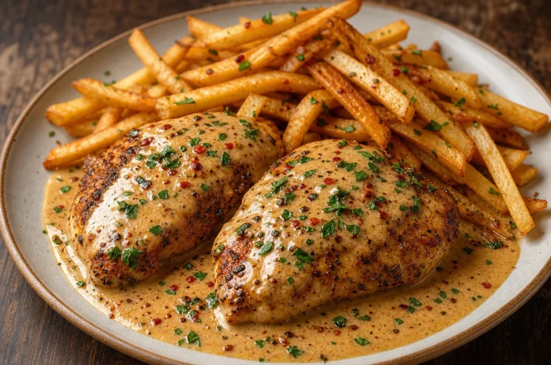 Delicious Cajun Chicken served with crispy fries on a plate.