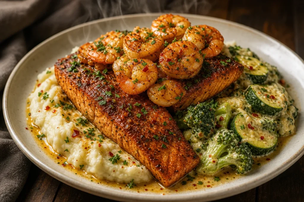Cajun Salmon and Garlic Shrimp served with creamy mashed potatoes and vegetables