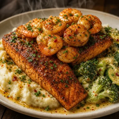 Cajun Salmon and Garlic Shrimp served with creamy mashed potatoes and vegetables