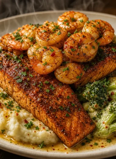 Cajun Salmon and Garlic Shrimp served with creamy mashed potatoes and vegetables
