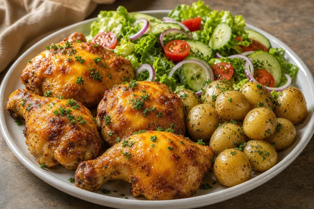 Cheesy Baked Chicken with herbed baby potatoes and garden salad served on a plate.