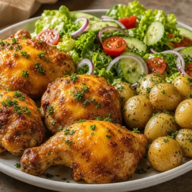 Cheesy Baked Chicken with herbed baby potatoes and garden salad served on a plate.