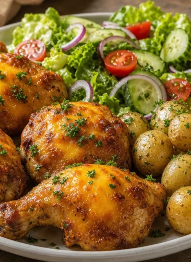 Cheesy Baked Chicken with herbed baby potatoes and garden salad served on a plate.