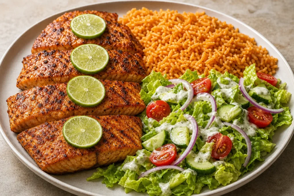 Citrusy lime salmon served with Spanish rice and garden salad