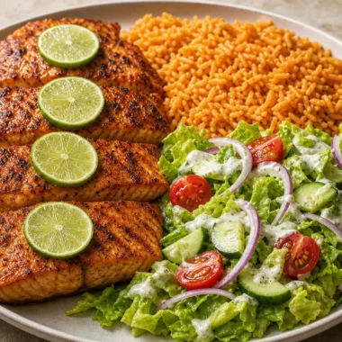 Citrusy lime salmon served with Spanish rice and garden salad