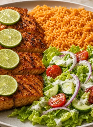 Citrusy lime salmon served with Spanish rice and garden salad