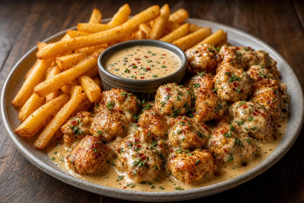 Delicious creamy Cajun chicken bites served with crispy fries