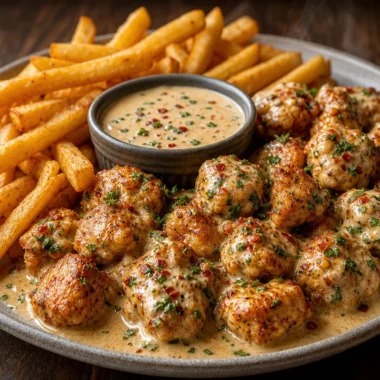 Delicious creamy Cajun chicken bites served with crispy fries