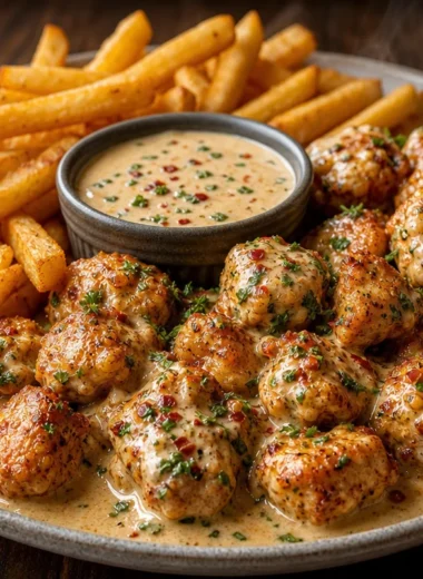 Delicious creamy Cajun chicken bites served with crispy fries