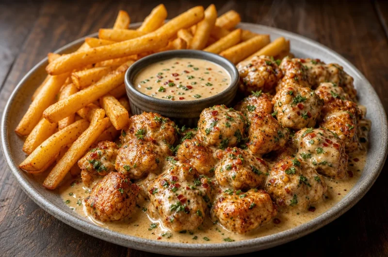 Delicious creamy Cajun chicken bites served with crispy fries