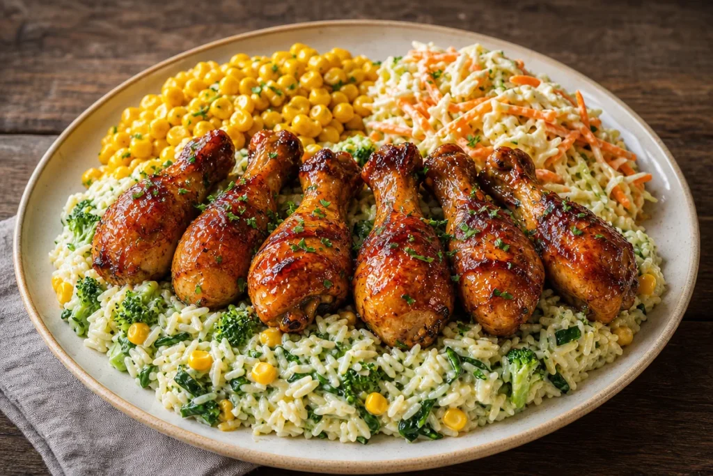 Creamy herb rice served with glazed chicken drumsticks on a plate.