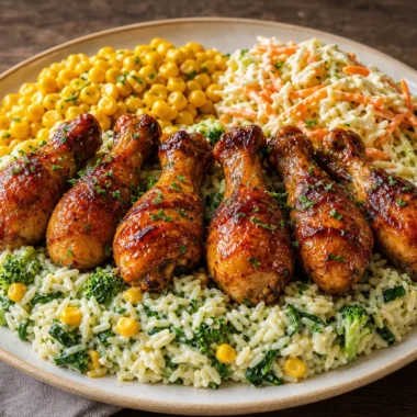 Creamy herb rice served with glazed chicken drumsticks on a plate.