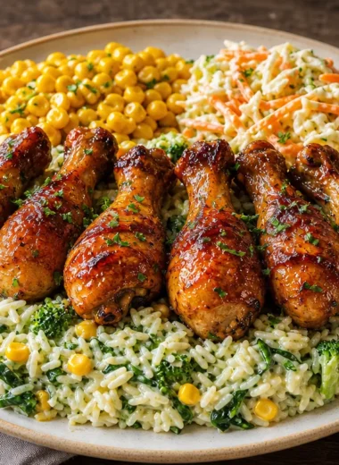 Creamy herb rice served with glazed chicken drumsticks on a plate.
