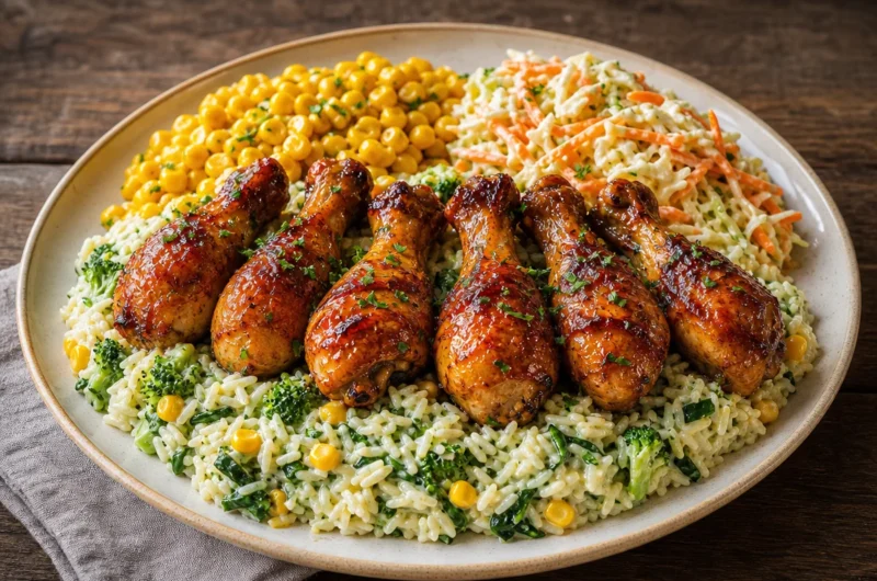 Creamy herb rice served with glazed chicken drumsticks on a plate.