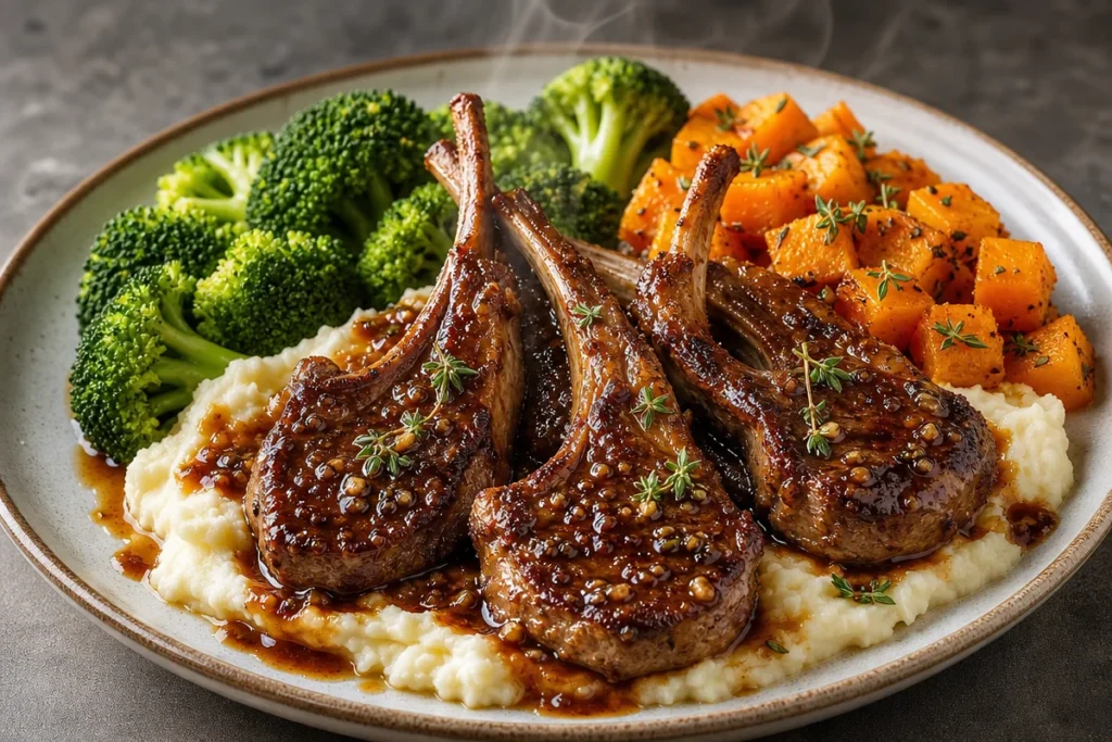 Creamy honey garlic lamb chops served with buttery mashed potatoes on a plate.