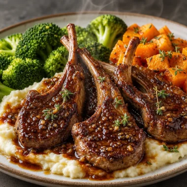 Creamy honey garlic lamb chops served with buttery mashed potatoes on a plate.
