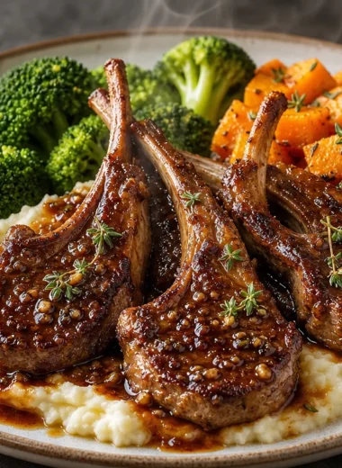 Creamy honey garlic lamb chops served with buttery mashed potatoes on a plate.