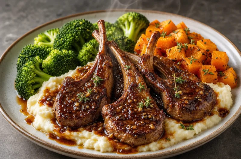 Creamy honey garlic lamb chops served with buttery mashed potatoes on a plate.