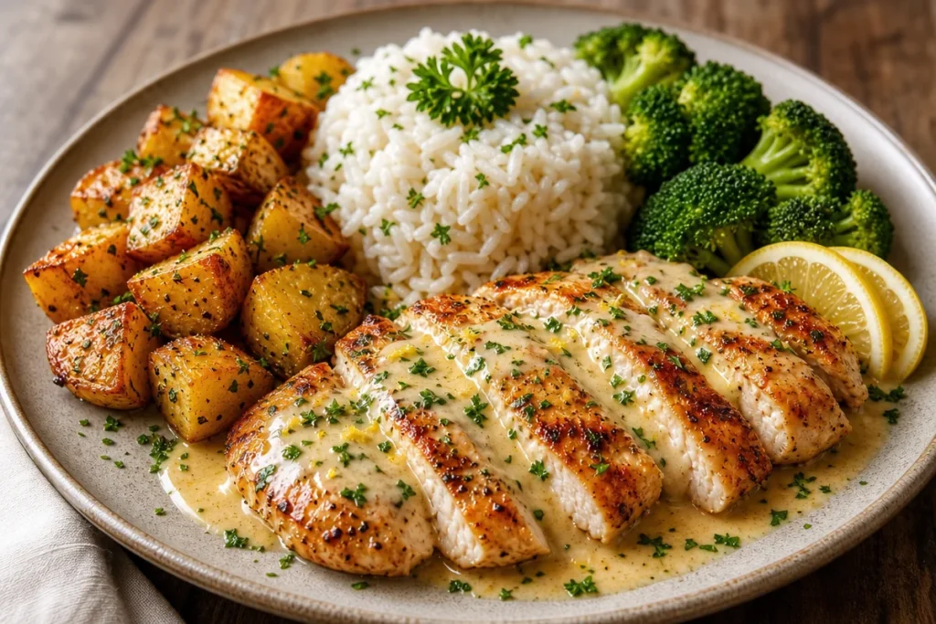 Creamy lemon chicken with rice, roasted potatoes, and broccoli in a bowl