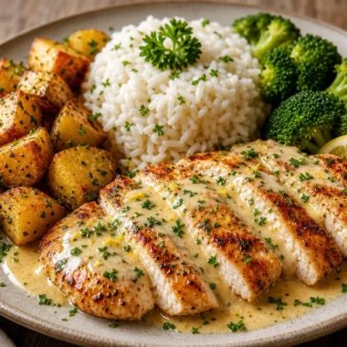 Creamy lemon chicken with rice, roasted potatoes, and broccoli in a bowl