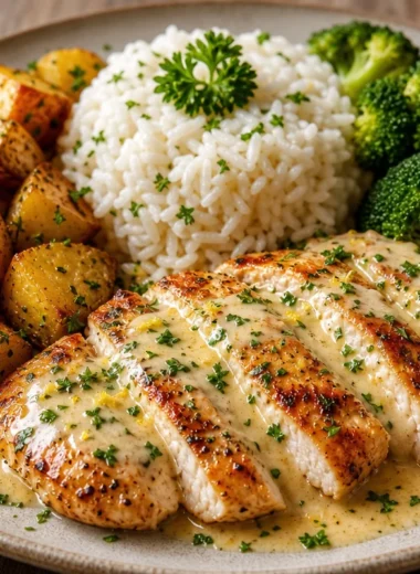 Creamy lemon chicken with rice, roasted potatoes, and broccoli in a bowl