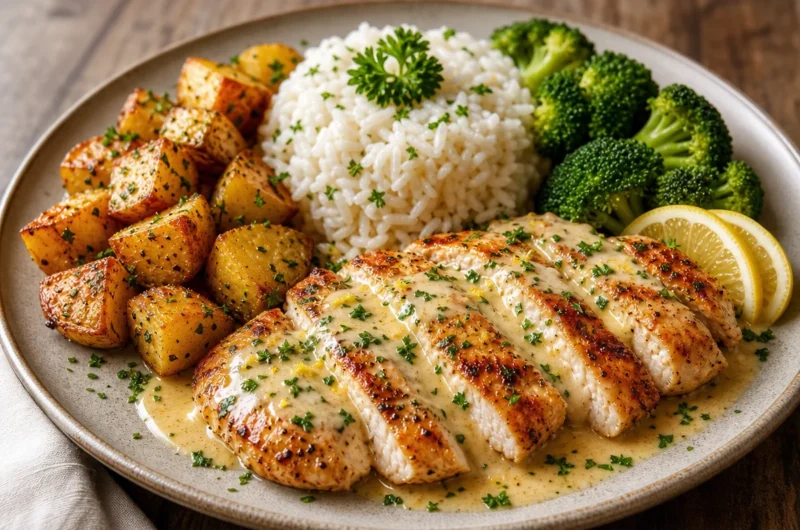 Creamy lemon chicken with rice, roasted potatoes, and broccoli in a bowl