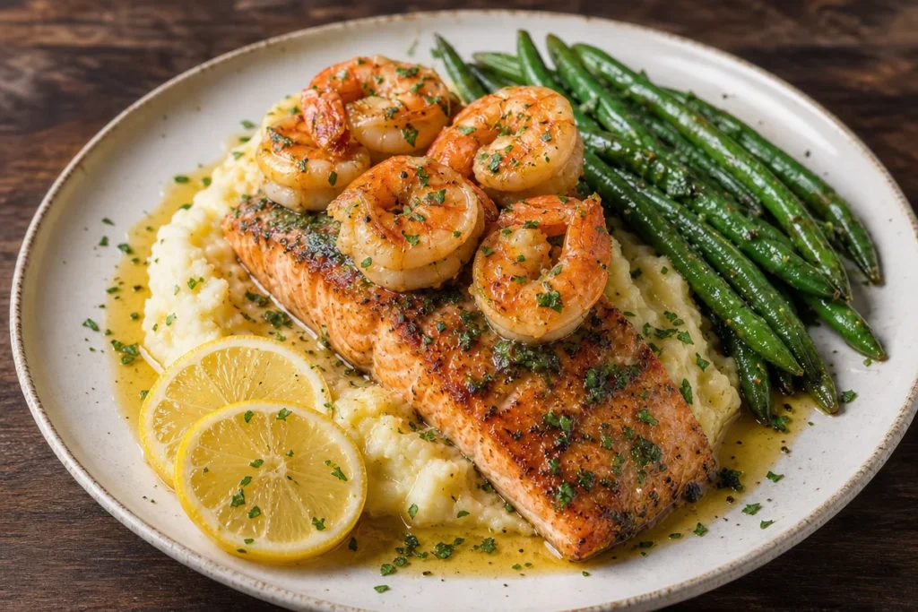 Creamy mashed potatoes topped with garlic butter salmon and shrimp