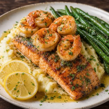 Creamy mashed potatoes topped with garlic butter salmon and shrimp