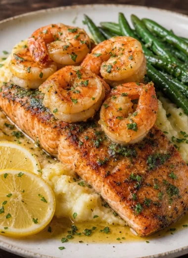 Creamy mashed potatoes topped with garlic butter salmon and shrimp