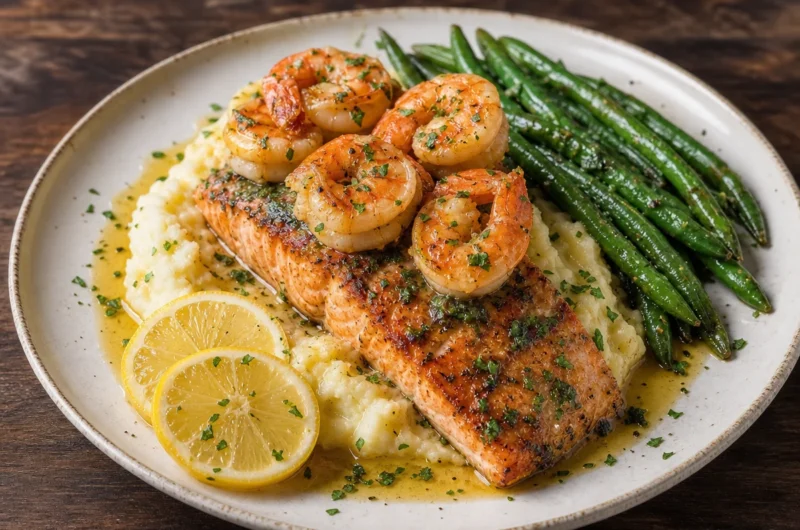 Creamy mashed potatoes topped with garlic butter salmon and shrimp