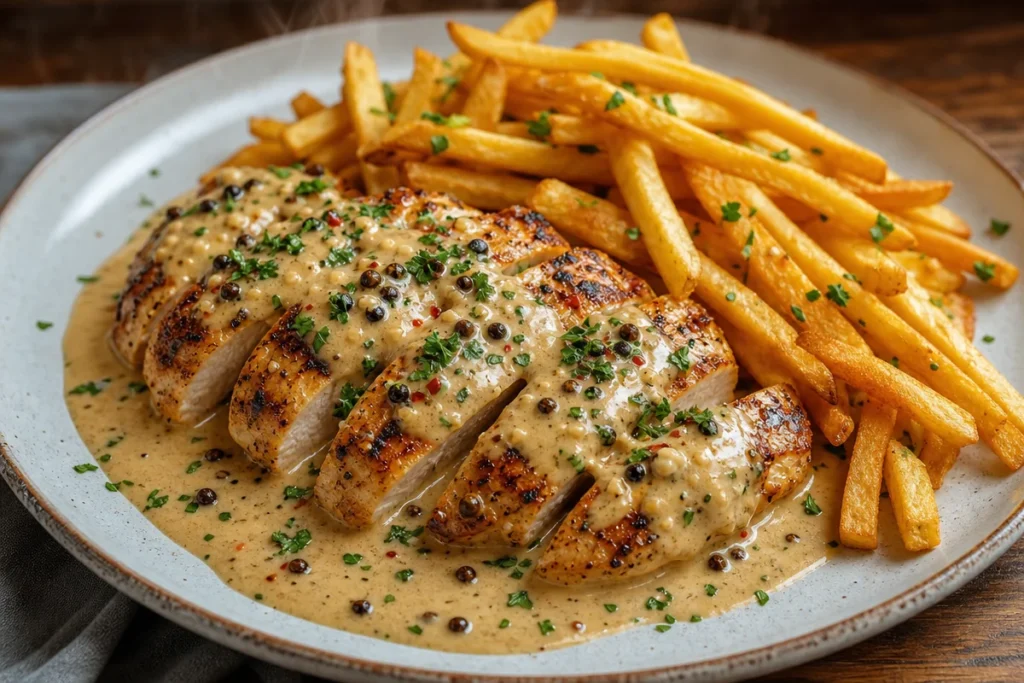 Creamy peppercorn chicken served with crispy fries on a plate