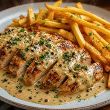 Creamy peppercorn chicken served with crispy fries on a plate