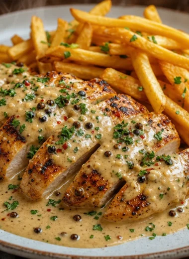 Creamy peppercorn chicken served with crispy fries on a plate