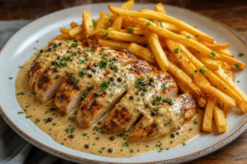 Creamy peppercorn chicken served with crispy fries on a plate