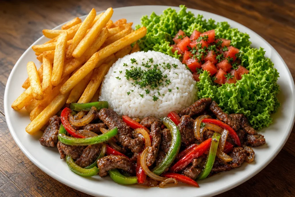 Crispy beef stir-fry served with rice, fries, and salad on a plate