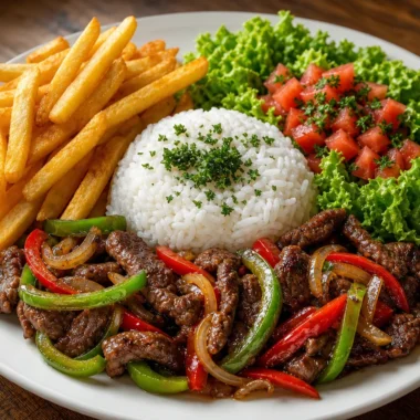 Crispy beef stir-fry served with rice, fries, and salad on a plate