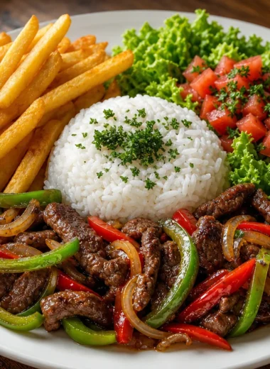 Crispy beef stir-fry served with rice, fries, and salad on a plate
