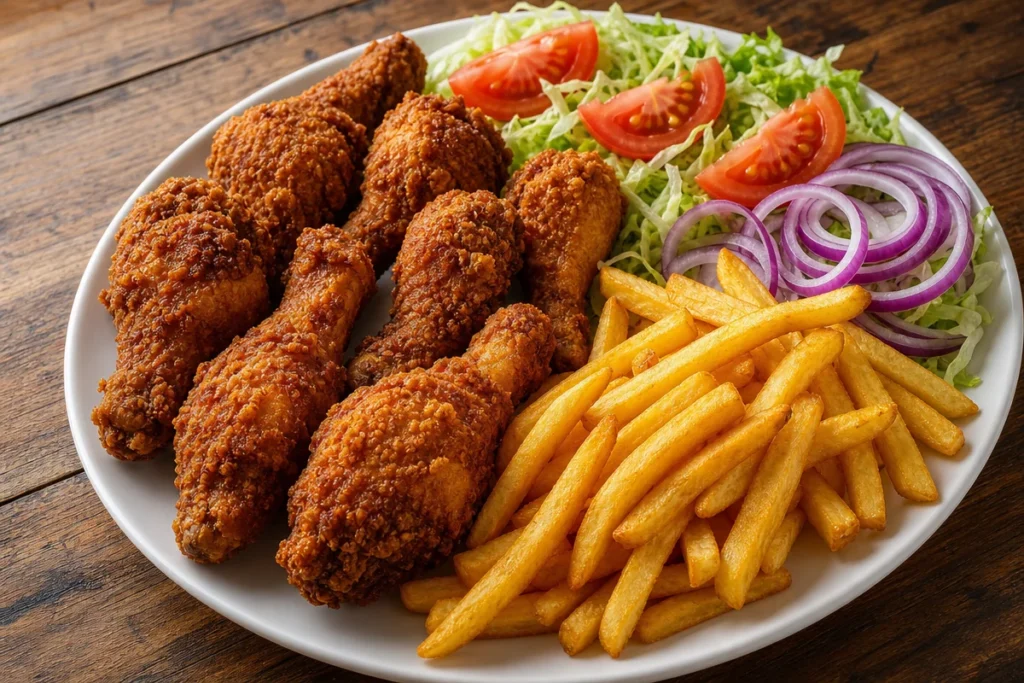 Crispy chicken drumsticks served with fries and salad on a plate