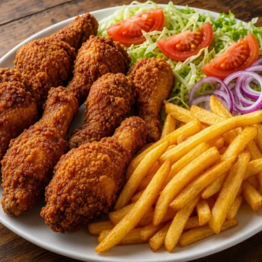 Crispy chicken drumsticks served with fries and salad on a plate