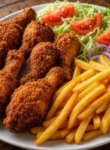 Crispy chicken drumsticks served with fries and salad on a plate