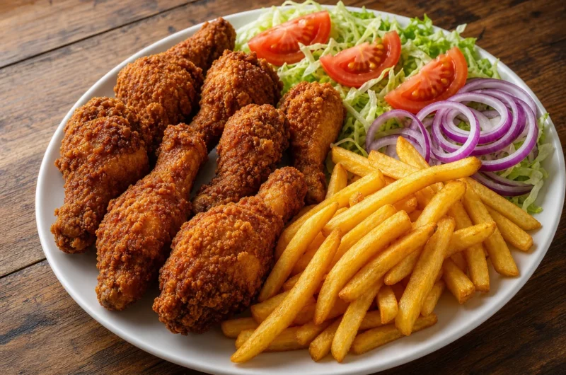Crispy chicken drumsticks served with fries and salad on a plate