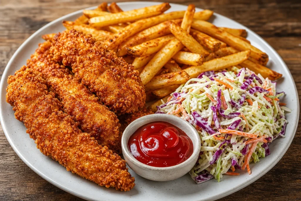 Crispy chicken tenders with coleslaw and fries on a plate