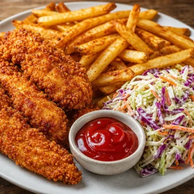 Crispy chicken tenders with coleslaw and fries on a plate