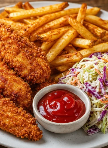Crispy chicken tenders with coleslaw and fries on a plate