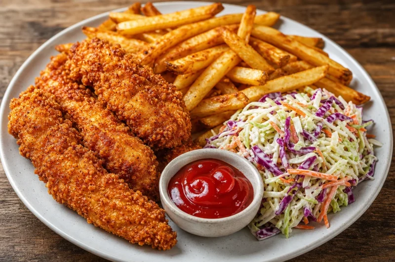 Crispy chicken tenders with coleslaw and fries on a plate