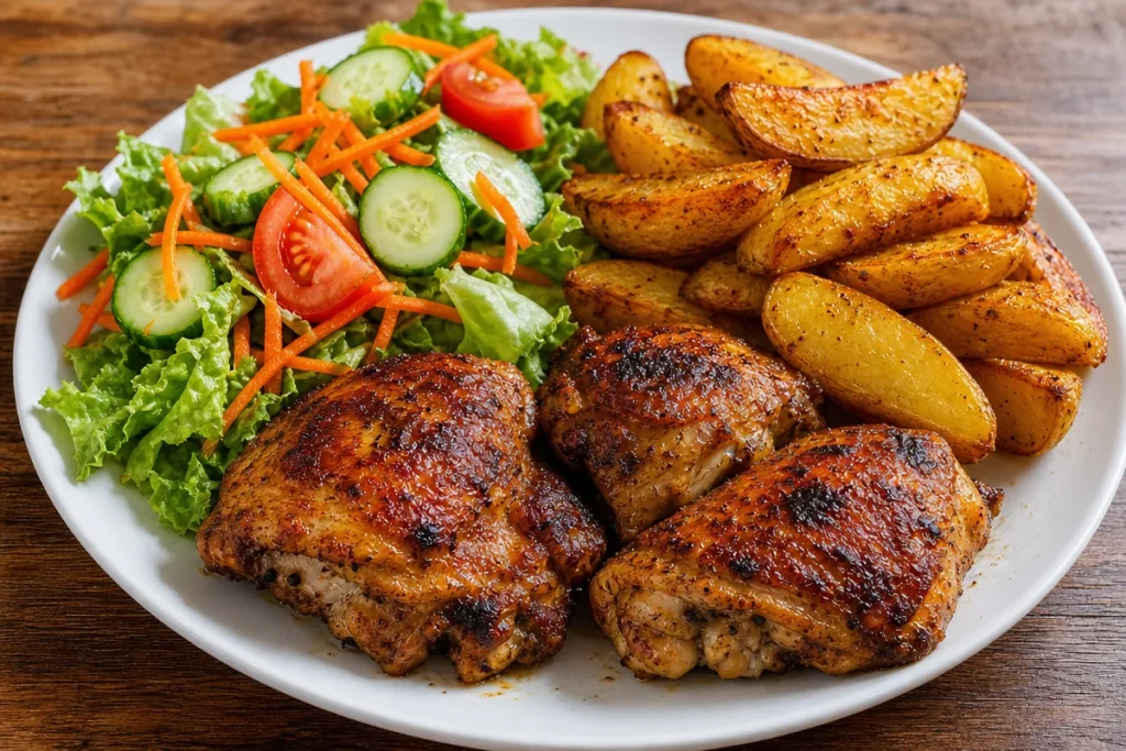 Crispy chicken thighs with golden brown potato wedges on a plate
