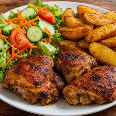 Crispy chicken thighs with golden brown potato wedges on a plate