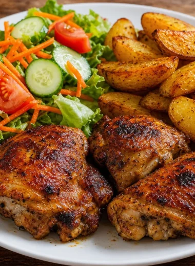 Crispy chicken thighs with golden brown potato wedges on a plate