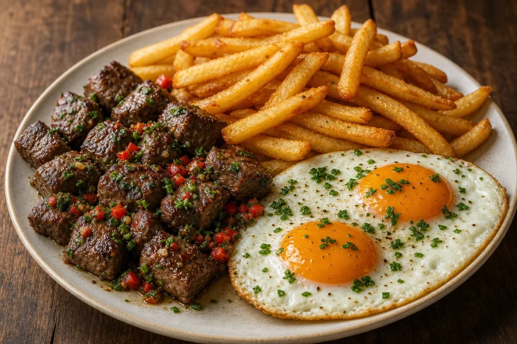 Plate of crispy fries with steak bites and eggs for a tasty breakfast dish